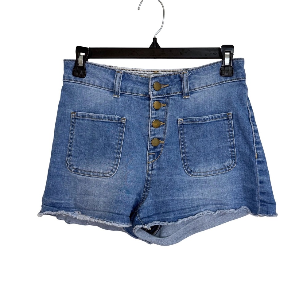 High Rise Button Fly Denim Shorts Blue Cotton Roxy Raw Hem Size 28 Women